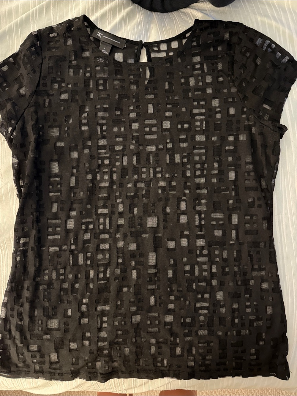 INC Black Geometric Mesh Short-Sleeve Blouse